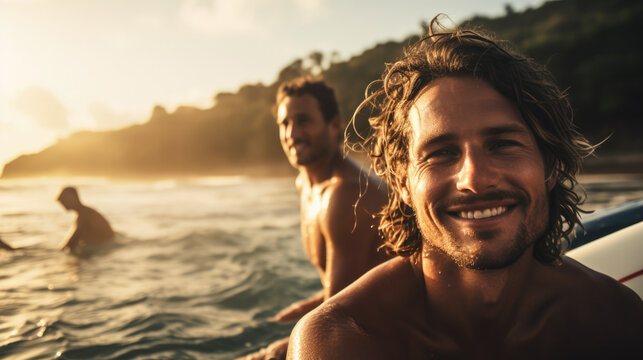 Smiling man with a surfboard is surfing while relaxing in the ocean. Surfer with a board enjoys his vacation, has fun in the water, in the fresh air. Active lifestyle, surfing, relaxation