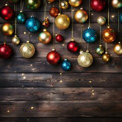 Festlicher Hintergrund mit bunten Weihnachtskugeln auf holz - obrazy, fototapety, plakaty