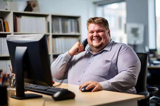 Plus size manager talking on the phone with a customer at a work desk in the office, ceo  businessman, Big boss, Plus size people, Fat employer, Generative AI