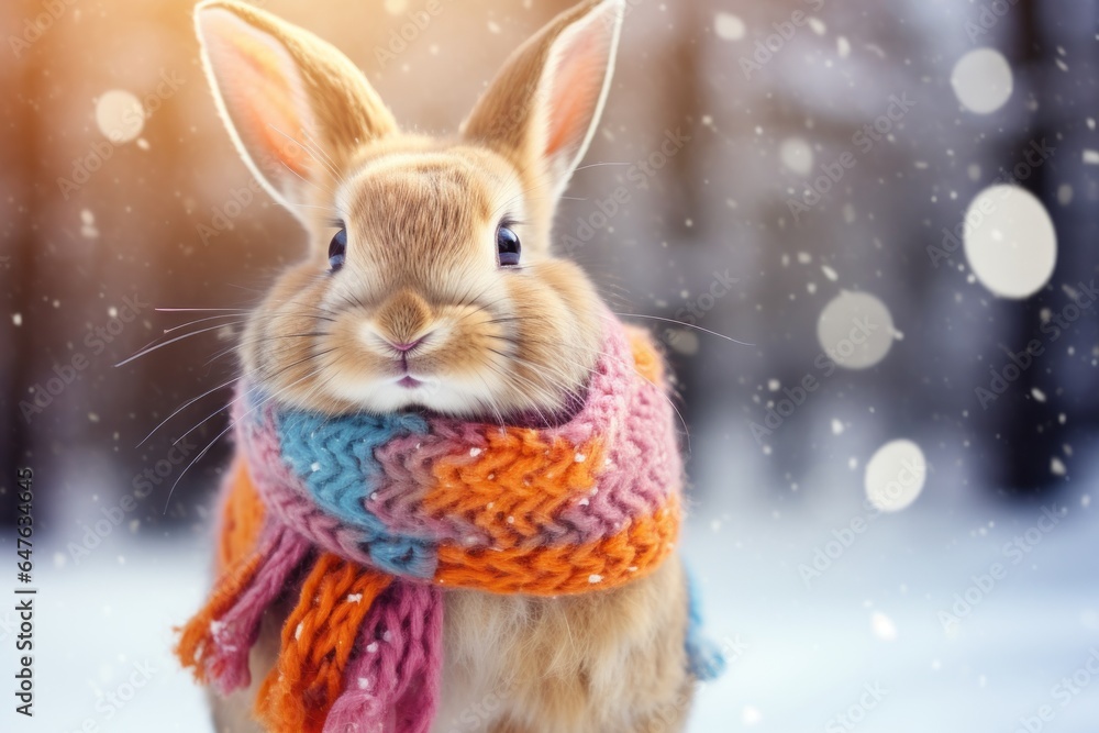 Wall mural Cute funny easter rabbit with a colorful scarf. Winter scene with adorable animal and snowflakes in the background. Sunny outdoor scene. Copy space.