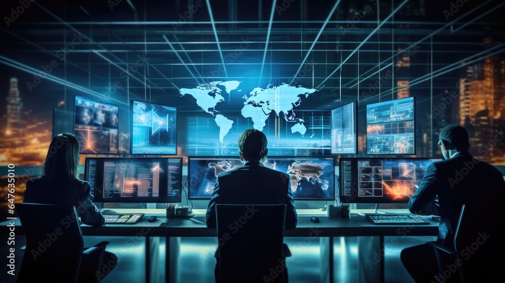 Poster cybersecurity and espionage by creating an image of professionals in a high-tech control center moni