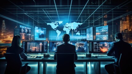 cybersecurity and espionage by creating an image of professionals in a high-tech control center...