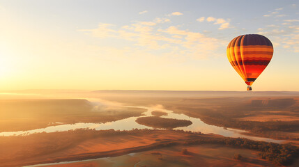 Flying in a large hot air balloon over fields and lakes.