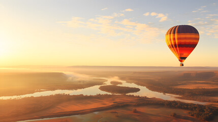 Obraz premium Flying in a large hot air balloon over fields and lakes.