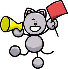 メガホンと旗で応援するにゃんまるのイラスト(左右反転バージョン)　猫
