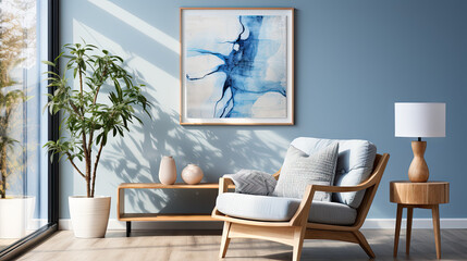 Mid-Century Modern Living Room with Blue Armchair and Wooden Coffee Table