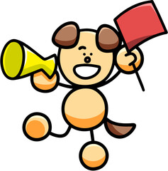 メガホンと旗で応援するわんまるのイラスト(左右反転バージョン)　犬
