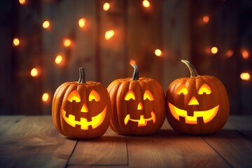 Illuminated Halloween Carved Pumpkins on wooden table