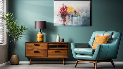 Mid-Century Modern Living Room with Blue Chair and Brown Cabinet