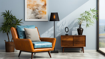 Mid-Century Modern Living Room with Blue Chair and Brown Cabinet