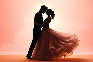 Bride and groom sharing a tender dance isolated on a romantic gradient background 