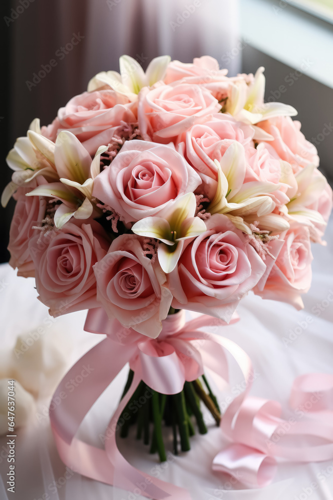 Poster close-up of wedding bouquet details background with empty space for text