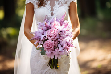 Close-up of a beautiful brides stunning floral wedding bouquet details 