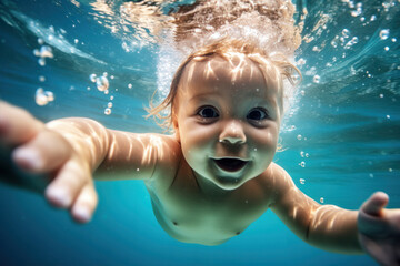 Fototapeta na wymiar LIttle baby, infant diving in swimming pool, underwater fun