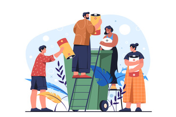 Flat vector people disposing battery into bin. Recycling of alkaline or lithium accumulator banner. Container for trash or rubbish separation. Electronic disposal or green power reuse. Conservation