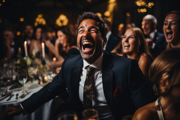 Guests erupt in candid laughter amidst the festive vibrancy of a wedding reception  - obrazy, fototapety, plakaty