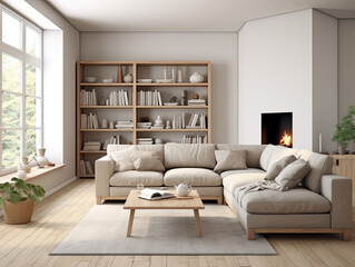 Modern Scandinavian Living Room with a Corner Sofa and Landside Shelving