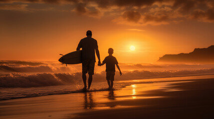 Father and son surfers stay on the sunset beach. Parent and child with surfboard enjoy sunset on the beach near the ocean.