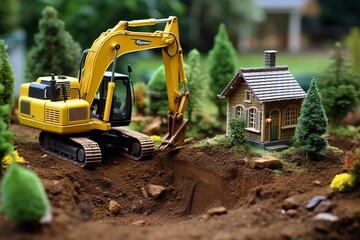 Landscaping using mini excavator for home construction, terrain works. Generative AI - obrazy, fototapety, plakaty
