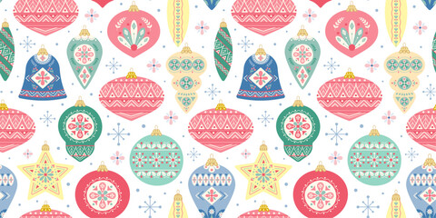 Christmas pattern with Christmas tree toys on a white background. Christmas decorations for cards. Design for invitations and cards. Flat style. Vector illustration.