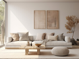 White Couch and Wooden Coffee Table in Minimalist Swedish Living Room