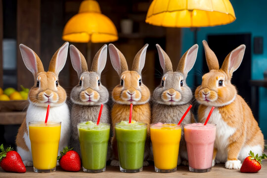 Furry Friends Savoring a Tableside Smoothie Fiesta, AI Generated