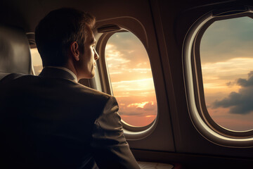 Fototapeta na wymiar businessman looking at window in private plane