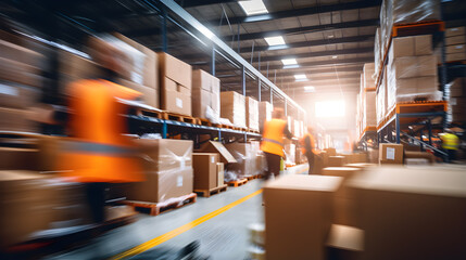 Warehouse and Logistics. motion blur working of forklift driver unloading a goods pallet into trucks.
