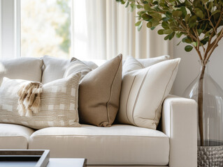 Close-Up of Cream and Brick Sofa in French Country-Style Living Room