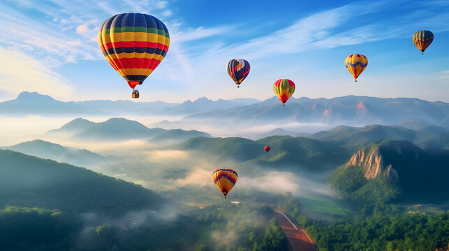 Colorful hot air balloons flying above high mountain at sunrise with beautiful sky background