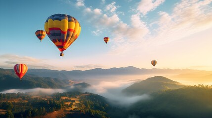 Obraz premium Colorful hot air balloons flying above high mountain at sunrise with beautiful sky background