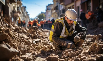 Fototapeten Search and rescue forces searching through a destroyed building and streets after earthquake. City destroyed. Emergency and earthquake victims in Turkey, Morocco, Pakistan, Iran, Syria. © DenisNata