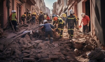 Search and rescue forces searching through a destroyed building and streets after earthquake. City destroyed. Emergency and earthquake victims in Turkey, Morocco, Pakistan, Iran, Syria.