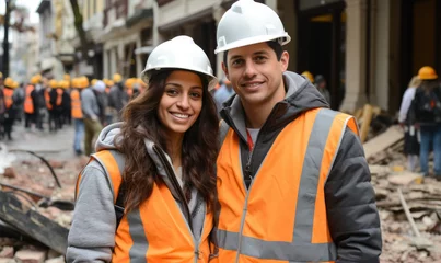 Stoff pro Meter Portrait of rescuers man and woman wearing safety helmets, standing in front of street with destroyed buildings after earthquake © DenisNata