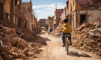 Child boy rides a bicycle along a street with destroyed houses after an earthquake. Ruined buildings houses. Emergency and earthquake victims in Turkey, Morocco, Pakistan, Iran, Syria.