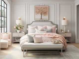 Fototapeta na wymiar Pastel-Colored Scene with French Country-Style Bedroom