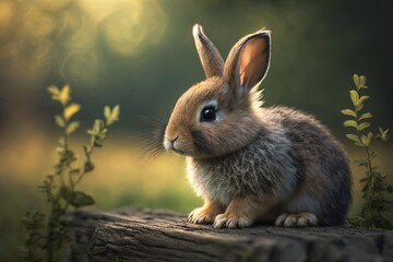 Fototapeta premium Cute rabbit on a stump. Red bunny in the forest. AI generated