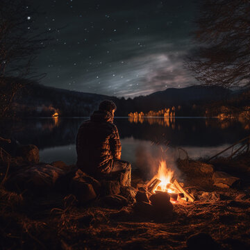 Fotografia de excursionista sentado al lado de una hoguera de noche, en un paisaje de monta&ntilde;a