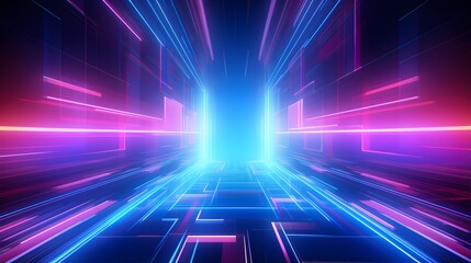 Abstract technology futuristic glowing neon blue and pink light lines with speed motion moving on dark blue background