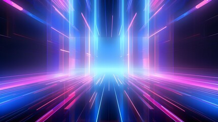 Abstract technology futuristic glowing neon blue and pink light lines with speed motion moving on dark blue background