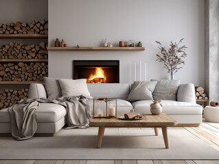 Cozy Living Room with a Crackling Fireplace and Wooden Logs