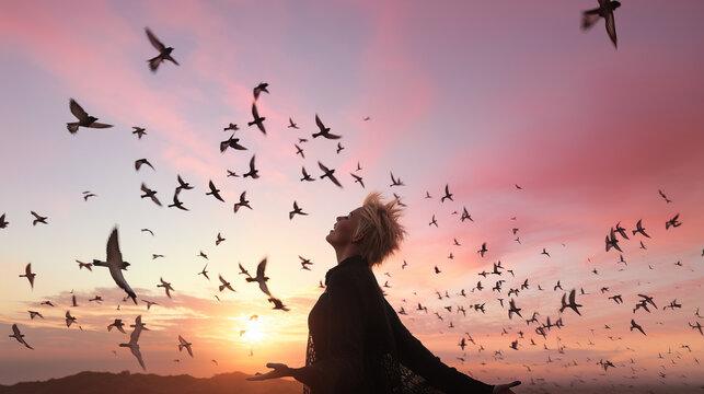 Freedom concept with woman standing between flying birds