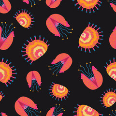 Abstract Floral Shapes on Black Vector Seamless pattern