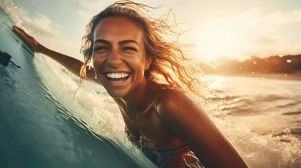 Fotobehang Close-up of a happy young woman surfing in the sea on a sunny day. Beautiful female surfer having fun in the sea, catching waves with a surfboard. © Alina Tymofieieva