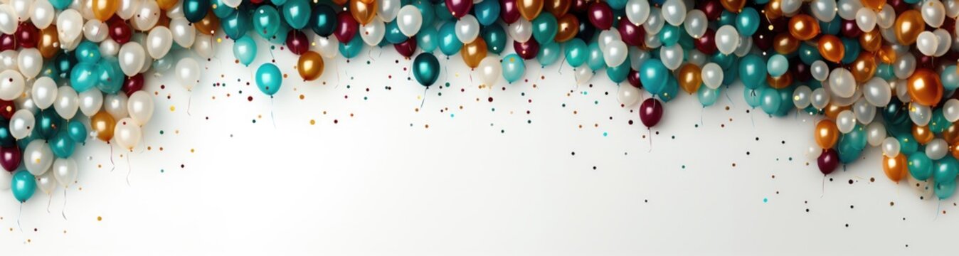 A wide-format celebratory background image against a white backdrop adorned with a multitude of colorful balloons, creating a vibrant and joyful atmosphere. Photorealistic illustration