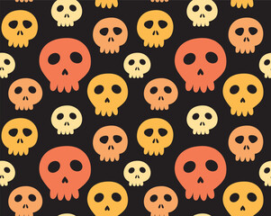 Seamless pattern with cute colorful skulls. Vector halloween background in cartoon style.