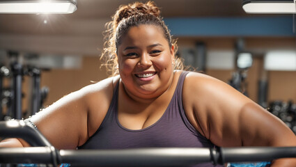 Beautiful overweight girl happy in the gym