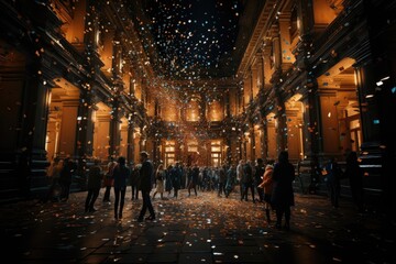 Obraz premium A festive backdrop featuring a courtyard filled with cheering people as confetti cascades from above, creating a jubilant and celebratory atmosphere. Illustration