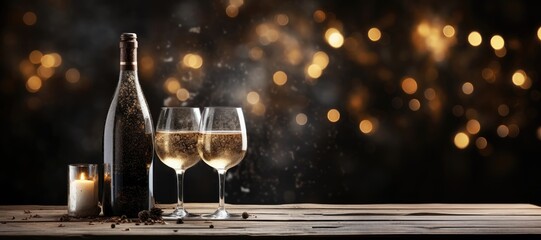 A customizable wide-format celebratory banner featuring a champagne bottle and glasses, offering a canvas for adding personalized messages. Photorealistic illustration