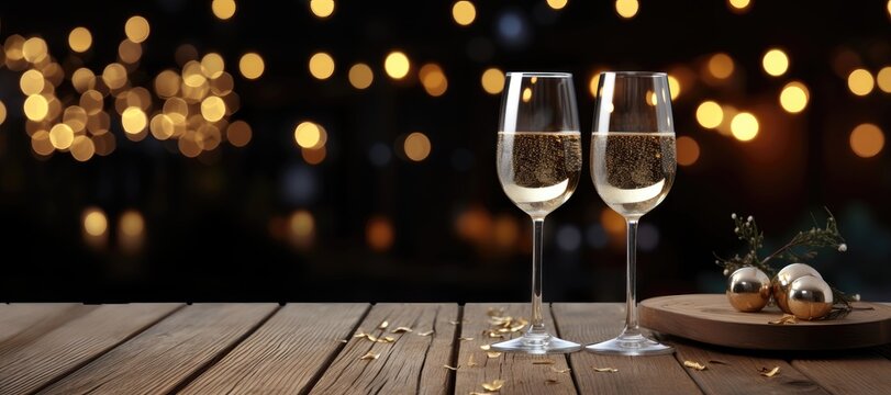 A wide-format celebratory banner showcasing champagne glasses resting on a wooden table, all bathed in the glow of blurred holiday lights, creating a celebratory theme. Photorealistic illustration